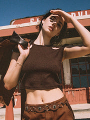 Round Neckline Solid Cut Out Belted Crop Tank Top