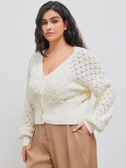 Knit V-neck Solid Hollow Out Button Cardigan Curve & Plus