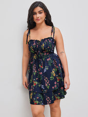 Woven Floral Ruffle Hem Knotted Layered Mini Dress Curve & Plus