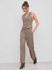 Mid Rise Houndstooth Pocket Wide Leg Trousers