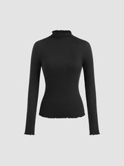 Cotton-blend High Neck Solid Lettuce Trim Long Sleeve Top