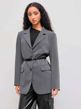 Collar Solid Pocket Oversized Blazer With Belt