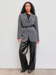 Collar Solid Pocket Oversized Blazer With Belt