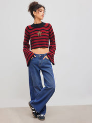 Denim Mid Rise Fire Embroidery Pocket Belted Straight Leg Jeans