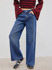 Denim Mid Rise Fire Embroidery Pocket Belted Straight Leg Jeans