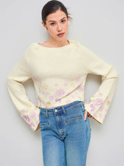 Knit Boat Neck Floral Bell Sleeve Crop Top