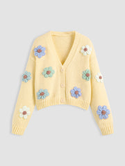 Knit V-neck Button Flower Cardigan