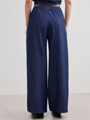 Denim High Rise Solid Pocket Wide Leg Trousers