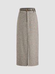 Cotton-blend Mid Rise Houndstooth Maxi Skirt With Belt