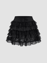 Elastic Waist Knotted Lace Layered Mini Skirt