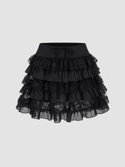 Elastic Waist Knotted Lace Layered Mini Skirt