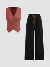 Cotton-blend V-neck Solid Button Vest & Mid Rise Knotted Pocket Straight Leg Trousers Set