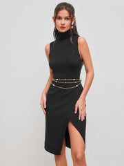 Knit High Neck Solid Split Midi Dress With Waist Chain