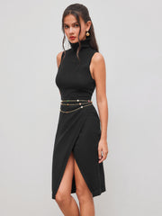 Knit High Neck Solid Split Midi Dress With Waist Chain