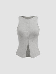 Round Neckline Solid Button Crop Tank Top
