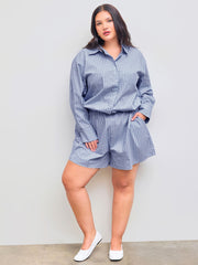 100% Cotton Collar Striped Pocket Oversized Shirt Romper Curve & Plus