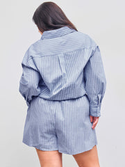 100% Cotton Collar Striped Pocket Oversized Shirt Romper Curve & Plus