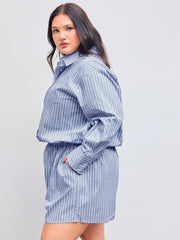 100% Cotton Collar Striped Pocket Oversized Shirt Romper Curve & Plus