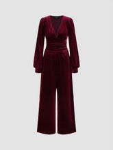 Velvet V-neck Solid Ruched Pocket Wide Leg Jumpsuit