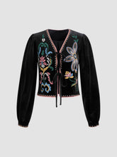 Velvet V-neck Floral Embroidery Tie Front Jacket