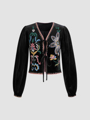Velvet V-neck Floral Embroidery Tie Front Jacket
