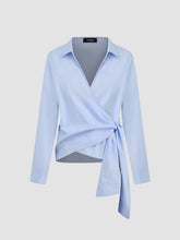 100% Cotton V-neck Solid Knotted Long Sleeve Blouse