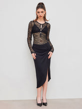 Lace Round Neckline Cut Out Bowknot See-through Bodysuit & Mid Rise Ruched Split Midi Skirt Set