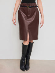 Faux Leather Mid Rise Solid Split Midi Skirt With Belt