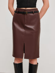 Faux Leather Mid Rise Solid Split Midi Skirt With Belt