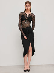 Lace Round Neckline Cut Out Bowknot See-through Bodysuit & Mid Rise Ruched Split Midi Skirt Set