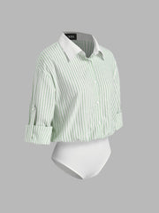 Cotton-blend Collar Striped Long Sleeve Shirt Bodysuit
