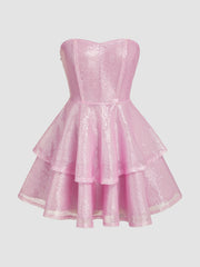Sequins Tube Solid Corset Ruffle Mini Dress