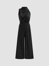 Satin High Neck Solid Zipper Pleated Wide Leg Jumpsuit