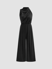 Satin High Neck Solid Zipper Pleated Wide Leg Jumpsuit