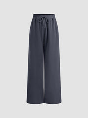 Petite Mid Rise Solid Drawstring Pocket Wide Leg Trousers