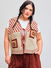 Knit Collar Striped Tie Front Vest Curve & Plus