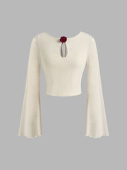 Lace Round Neckline Rosette Knotted Backless Long Sleeve Crop Top
