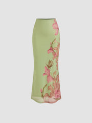 Mesh Floral Lettuce Trim Crop Top & Mid Rise Ruffle Maxi Skirt Set