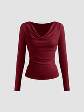 Jersey Cowl Neck Solid Ruched Long Sleeve Top