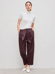 Faux Leather Mid Rise Solid Zipper Cropped Barrel-leg Trousers