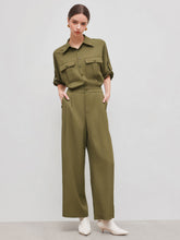 Collar Solid Button Pocket Straight Leg Jumpsuit