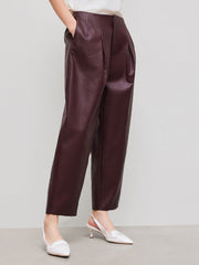 Faux Leather Mid Rise Solid Zipper Cropped Barrel-leg Trousers