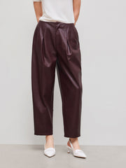 Faux Leather Mid Rise Solid Zipper Cropped Barrel-leg Trousers