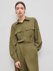 Collar Solid Button Pocket Straight Leg Jumpsuit