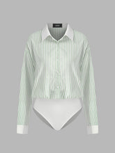 Cotton-blend Collar Striped Long Sleeve Shirt Bodysuit