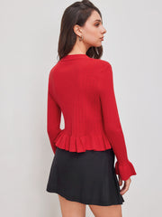 Knit V-neck Solid Button Ruffle Hem Long Sleeve Top