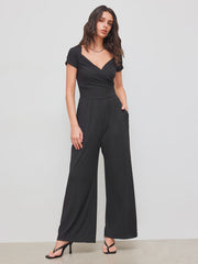 V-neck Solid Ruched Straight Leg Jumpsuit