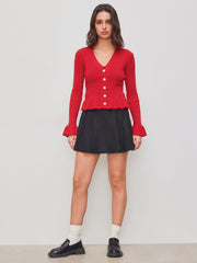 Knit V-neck Solid Button Ruffle Hem Long Sleeve Top