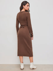 Knit Round Neckline Solid Midi Dress With Solid Knotted Cami Top