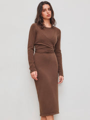 Knit Round Neckline Solid Midi Dress With Solid Knotted Cami Top